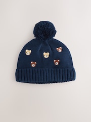 Navy Bear All Over Embroidered Baby Knitted Beanie Hat (0mths-2yrs) - Image 1 of 3