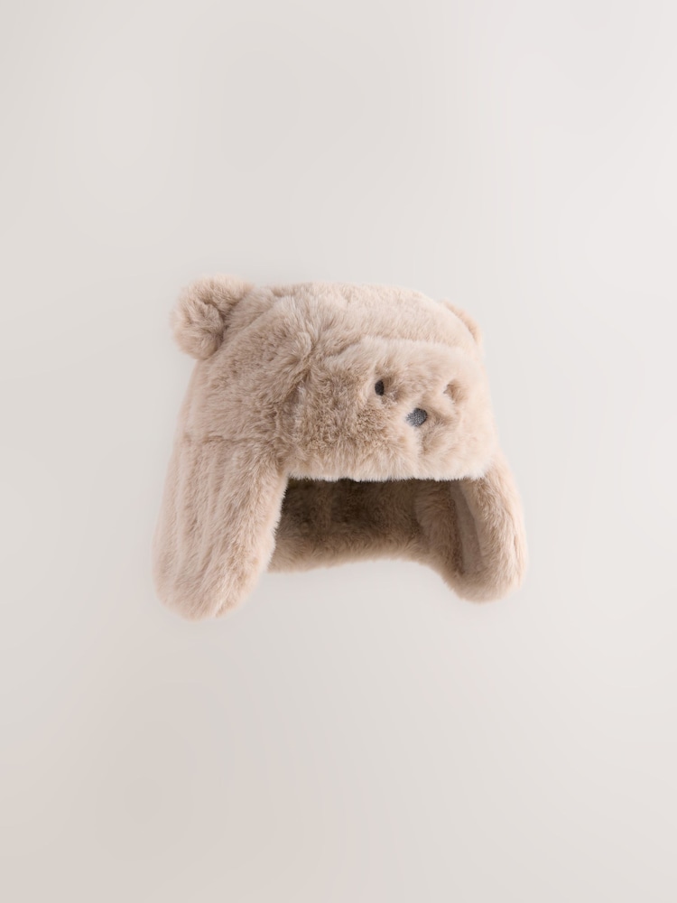 Beige Faux Fur Bear Faced Baby Trapper Hat - Image 1 of 3 Beige Faux Fur Bear Faced Baby Trapper Hat - Image 1 of 3