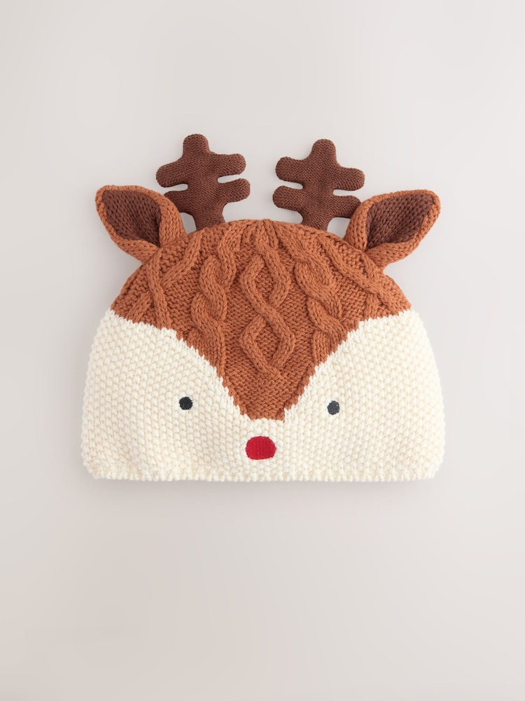 Natural Reindeer Baby Christmas Knitted Hat - Image 1 of 3 Natural Reindeer Baby Christmas Knitted Hat - Image 1 of 3