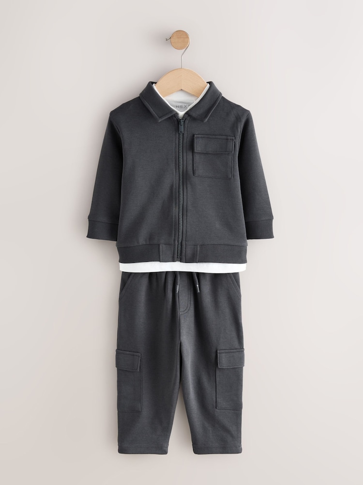 Charcoal Grey Zip Thru Bomber, T-Shirt And Joggers Set (3mths-7yrs) - Image 1 of 5