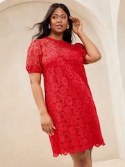 Lipsy Red Curve Lace Short Sleeve Mini Shift Dress - Image 1 of 4