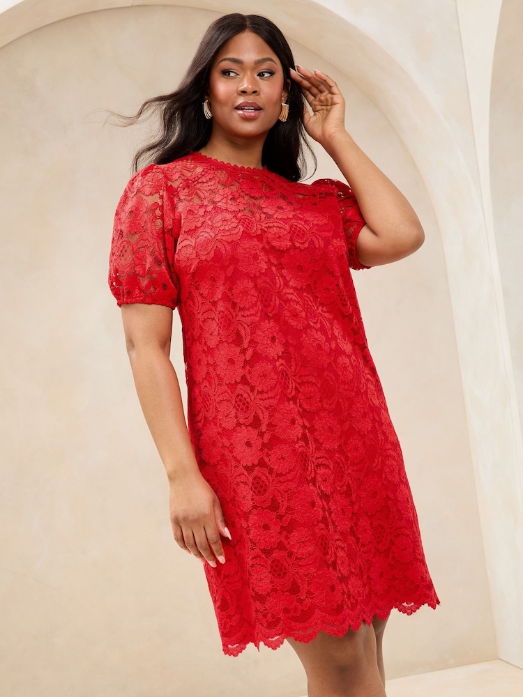 Lipsy Red Curve Lace Short Sleeve Mini Shift Dress - Image 1 of 4