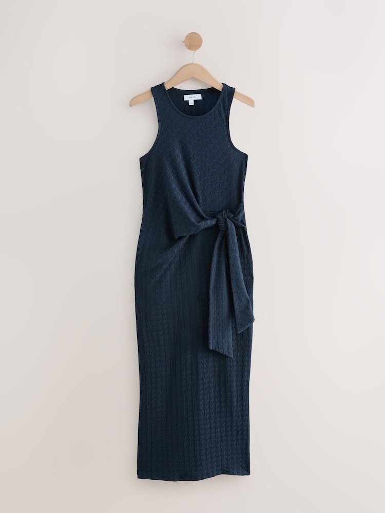 Womens Next Navy Blue Textured Jersey Tie Waist Maxi Dress US 16 Tall