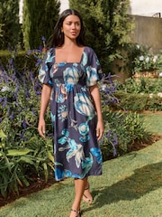 Navy Kew Gardens Puff Sleeve Off Shoulder Midi Dress - Image 1 of 6