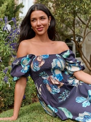 Navy Kew Gardens Puff Sleeve Off Shoulder Midi Dress - Image 5 of 6