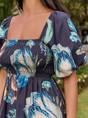 Navy Kew Gardens Puff Sleeve Off Shoulder Midi Dress - Image 6 of 6