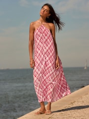 Vermelho/Branco - Halter Neck Pleated Maxi Dress - Imagem 1 de 8