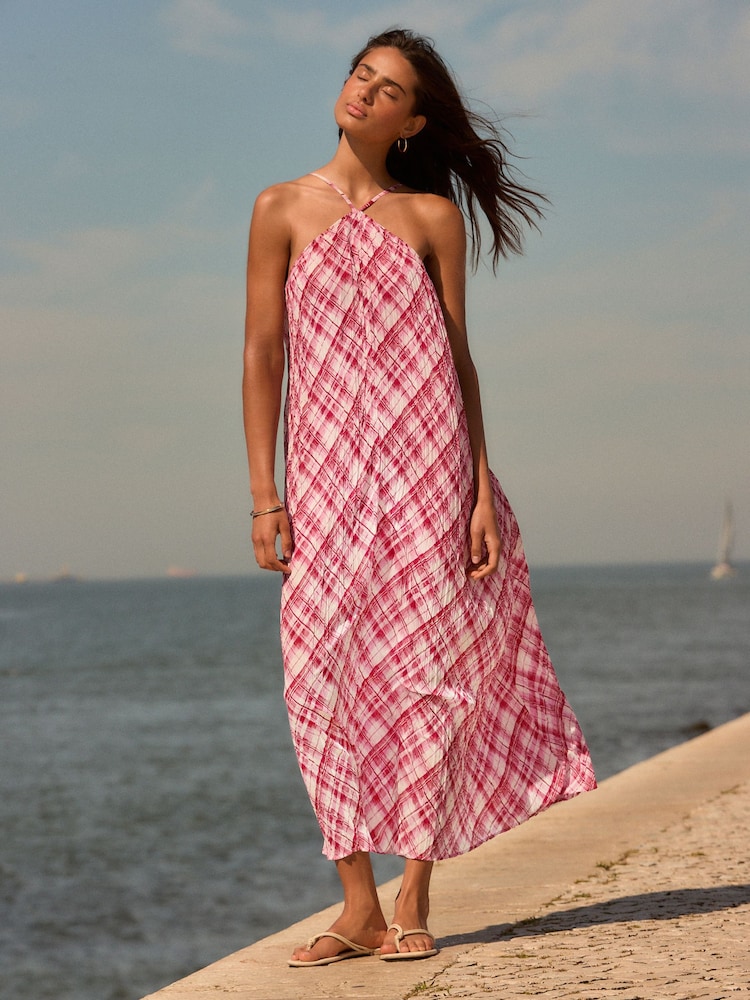 Vermelho/Branco - Halter Neck Pleated Maxi Dress - Imagem 1 de 8