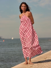 Vermelho/Branco - Halter Neck Pleated Maxi Dress - Imagem 2 de 8