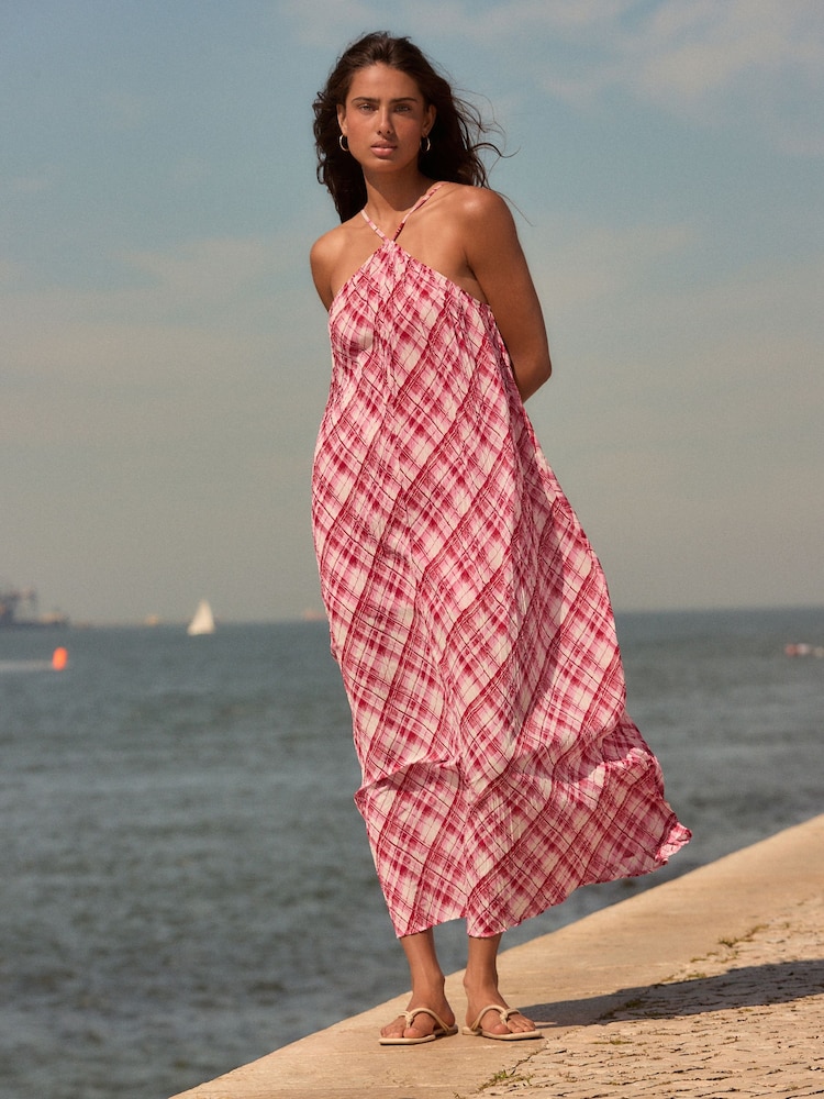 Vermelho/Branco - Halter Neck Pleated Maxi Dress - Imagem 2 de 8