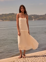 Cream Dropped Waist Midi Length Slip Dress - Image 1 of 10