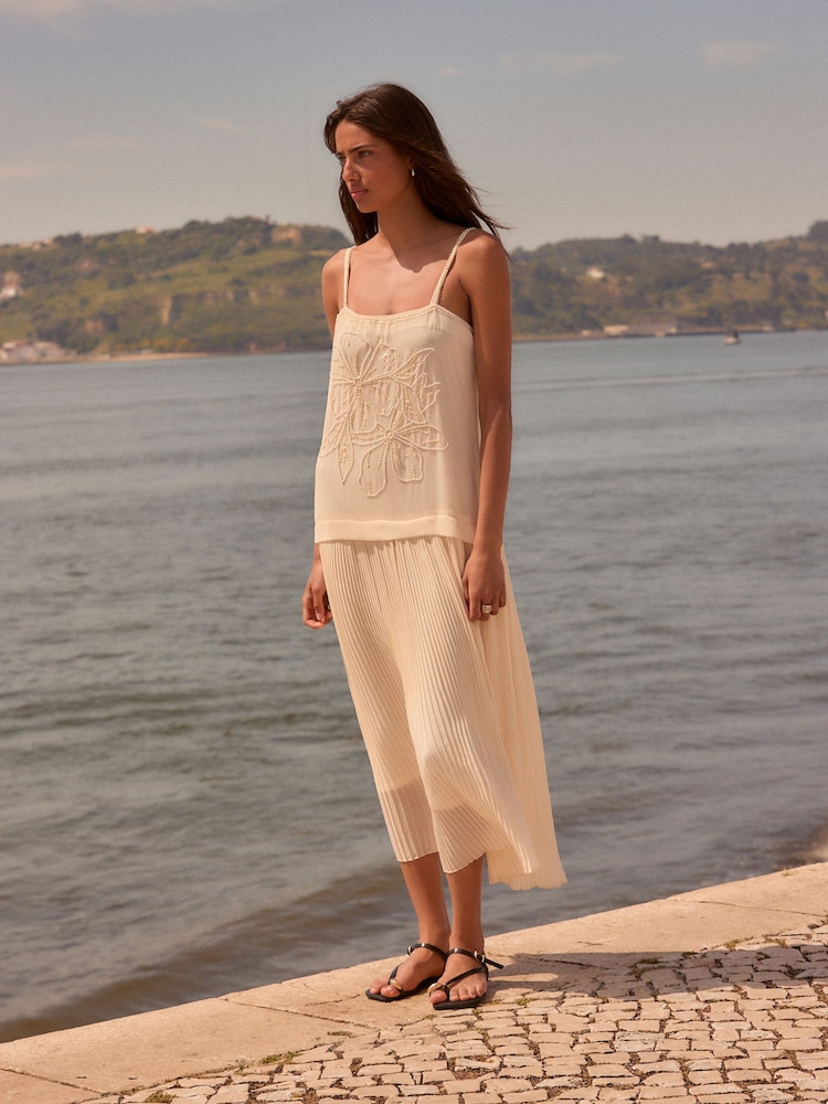Cream Dropped Waist Midi Length Slip Dress - Image 2 of 10