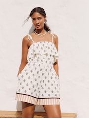 Ecru/Brown Textured Jersey Frill Bandeau Playsuit - Image 1 of 9