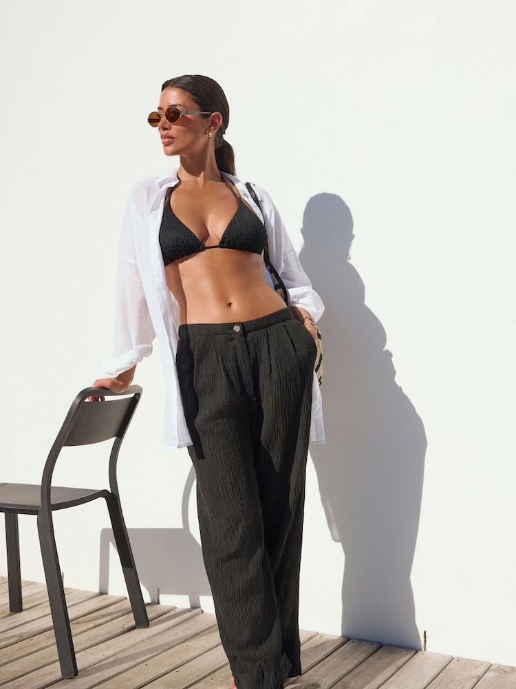 Black Crinkle Textured Wide Leg Trousers With Linen - Image 2 of 8