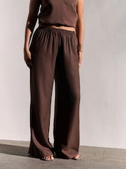 Chocolate Brown Textured Wide Leg Pull On Trousers - Image 1 of 7