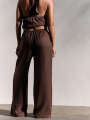 Chocolate Brown Textured Wide Leg Pull On Trousers - Image 2 of 7