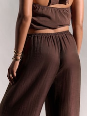 Chocolate Brown Textured Wide Leg Pull On Trousers - Image 3 of 7