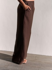 Chocolate Brown Textured Wide Leg Pull On Trousers - Image 4 of 7