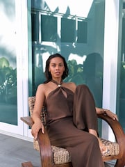 Chocolate Brown Textured Wide Leg Pull On Trousers - Image 5 of 7