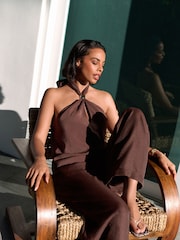 Chocolate Brown Textured Wide Leg Pull On Trousers - Image 6 of 7