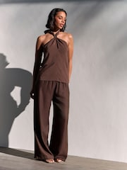 Chocolate Brown Textured Wide Leg Pull On Trousers - Image 7 of 7