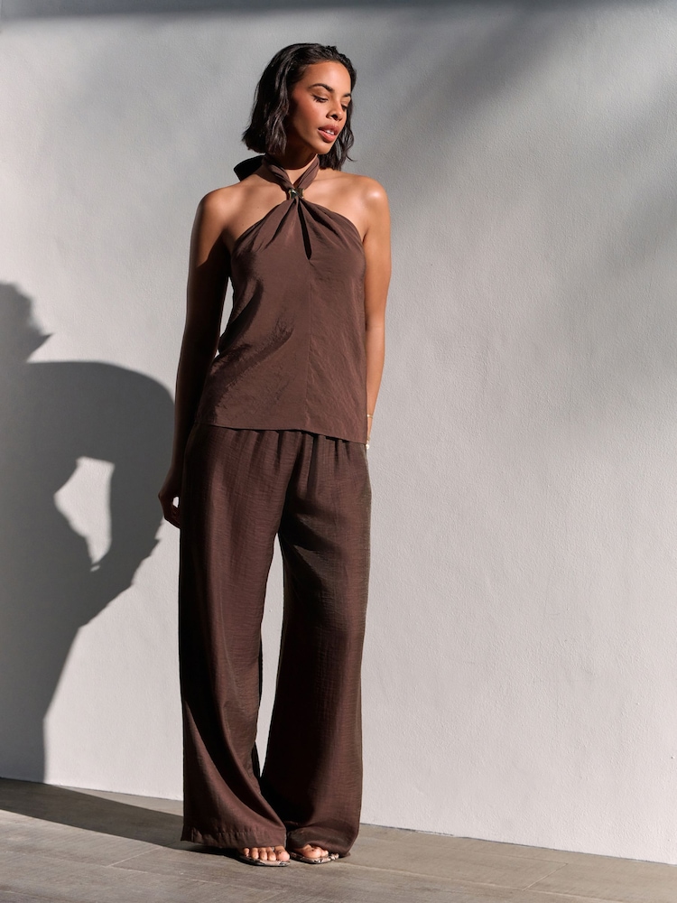 Chocolate Brown Textured Wide Leg Pull On Trousers - Image 7 of 7