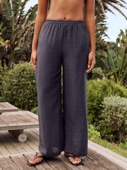 Blue Textured Wide Leg Pull On Trousers - Image 1 of 8
