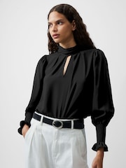 French Connection Black Crepe Light High Neck Long Sleeve Top - Image 3 of 4