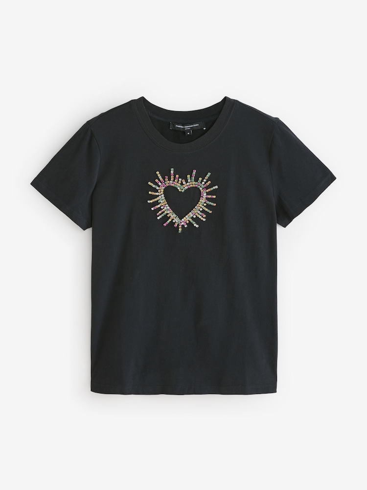 French Connection Black Heart Embellished 100% Cotton T-Shirt - Image 4 of 4