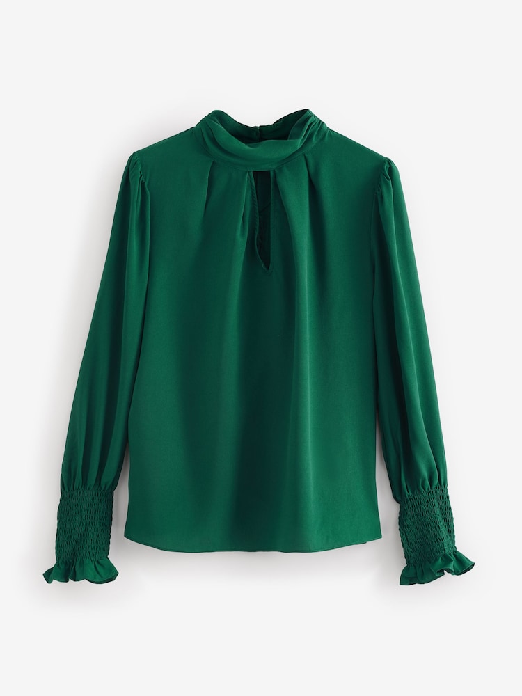 French Connection Green Crepe Light High Neck Long Sleeve Top - Image 4 of 4