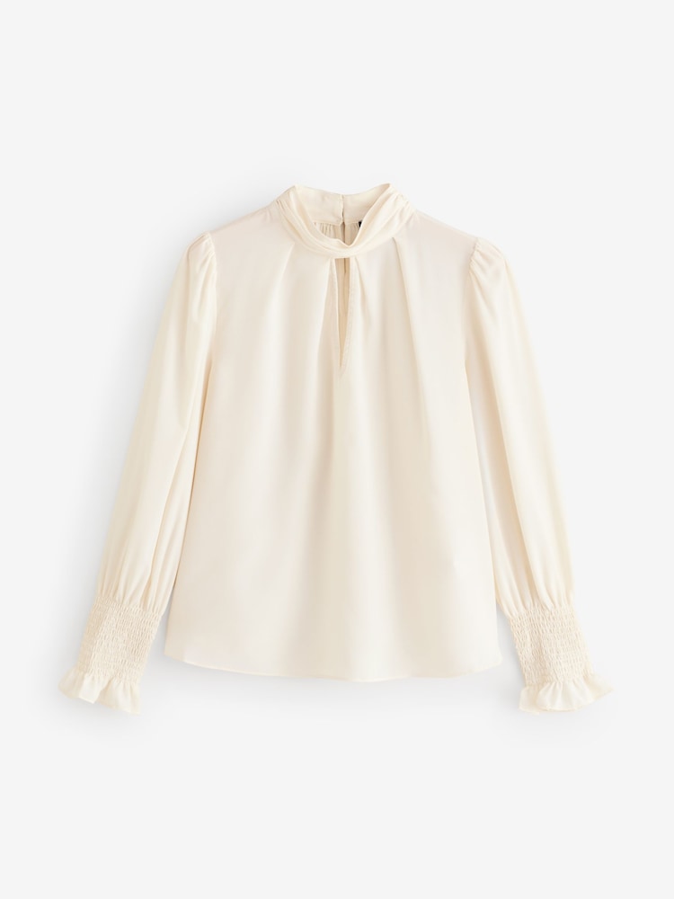 French Connection Cream Crepe Light High Neck Long Sleeve Top - Image 1 of 1