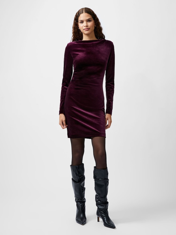 French Connection Red Viola Velvet Long Sleeve Bodycon Dress - Image 1 of 4