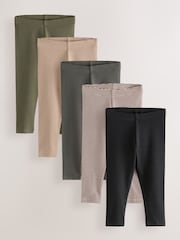 Black/White/Khaki Green Ribbed Leggings 5 Pack (3mths-7yrs) - Image 1 of 9