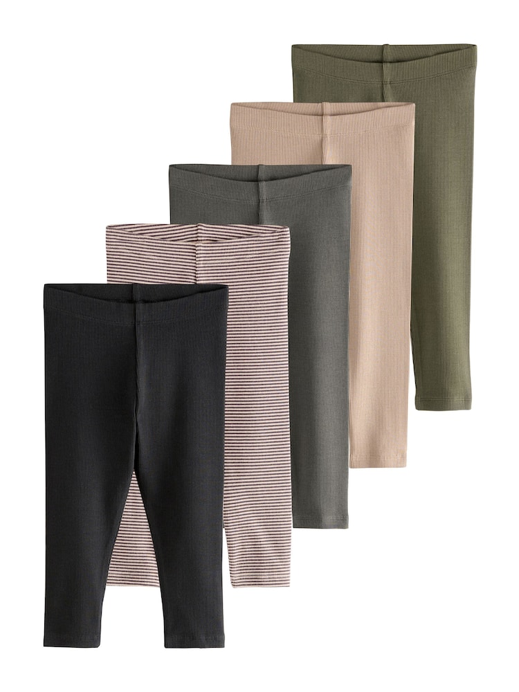 Black/White/Khaki Green Ribbed Leggings 5 Pack (3mths-7yrs) - Image 9 of 9