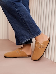 Friends Like These Tan Standard Fit Buckle Faux Suede Comfort Footbed Clogs - Image 1 of 4