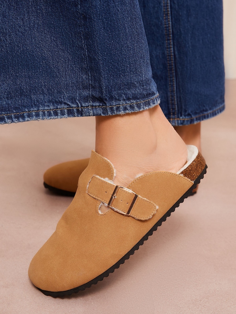 Friends Like These Tan Standard Fit Buckle Faux Suede Comfort Footbed Clogs - Image 2 of 4