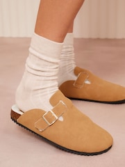 Friends Like These Tan Standard Fit Buckle Faux Suede Comfort Footbed Clogs - Image 3 of 4