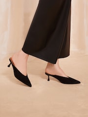 Friends Like These Black Kitten Heel Pointed Toe Mule Faux Suede Court Shoes - Image 1 of 4
