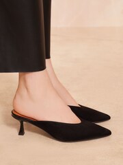 Friends Like These Black Kitten Heel Pointed Toe Mule Faux Suede Court Shoes - Image 3 of 4