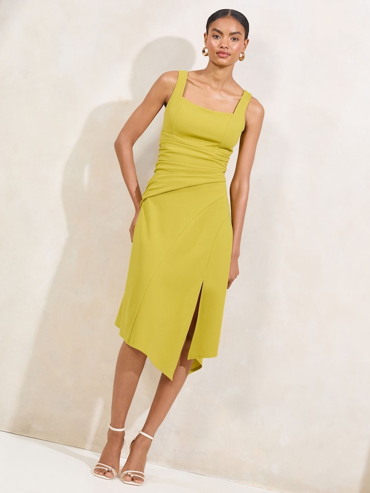 Lipsy Olive Green Square Neck Strappy Ruched Fit And Flare Midi Dress - Image 1 of 4