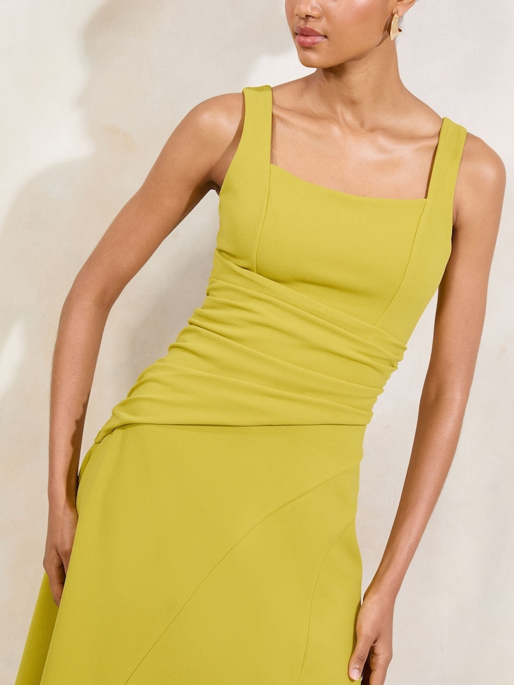 Lipsy Olive Green Square Neck Strappy Ruched Fit And Flare Midi Dress - Image 2 of 4