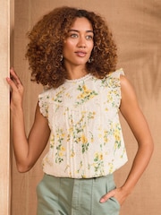 Love & Roses White Ecru Floral Print Broderie Crew Neck Shell Top - Image 1 of 4
