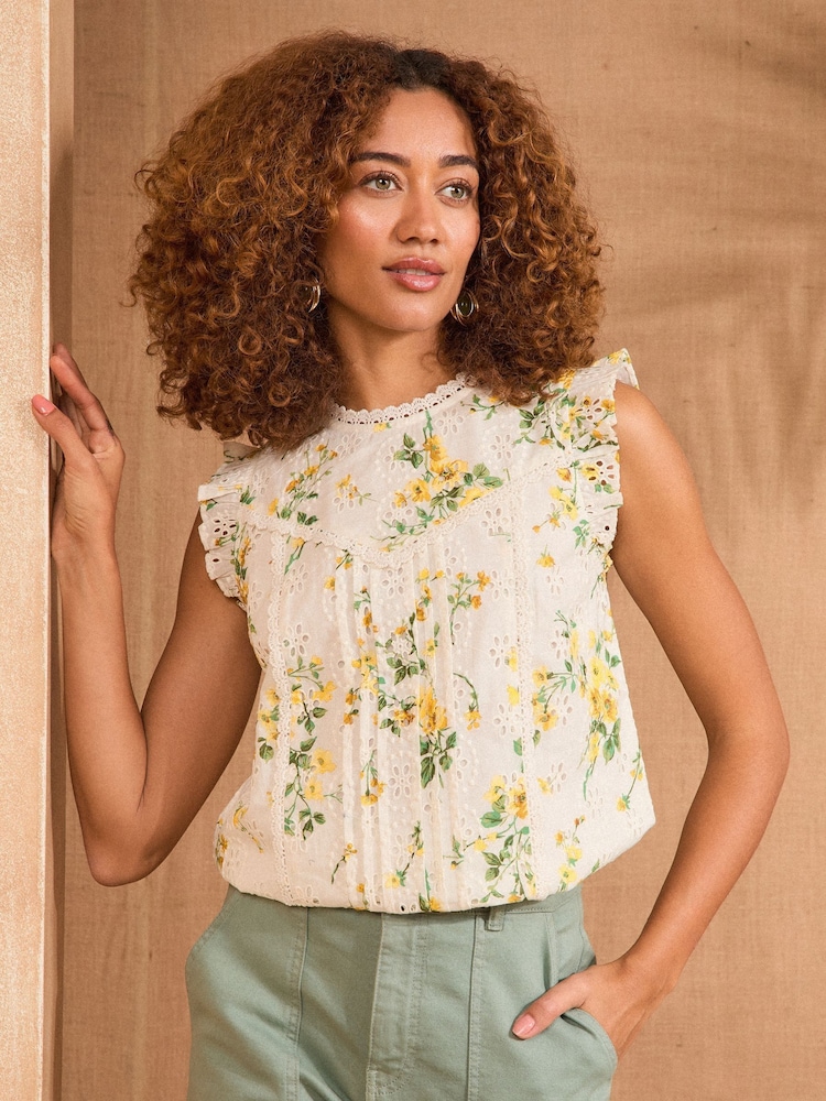 Love & Roses White Ecru Floral Print Broderie Crew Neck Shell Top - Image 1 of 4 Love & Roses White Ecru Floral Print Broderie Crew Neck Shell Top - Image 1 of 4