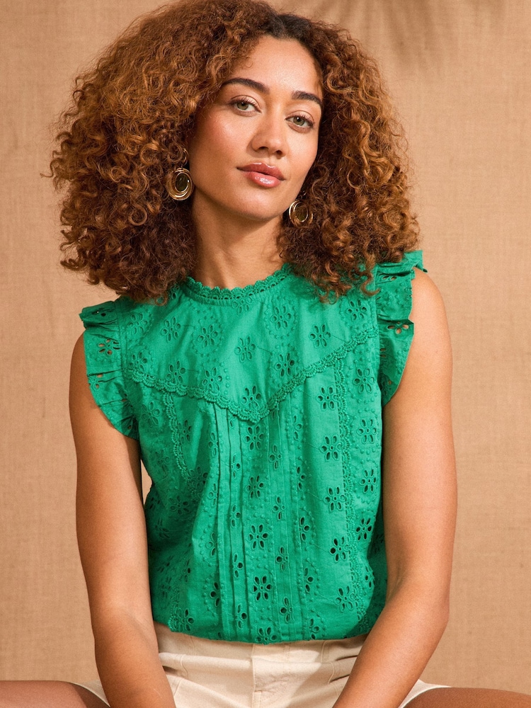 Love & Roses Green Broderie Crew Neck Shell Top - Image 1 of 4 Love & Roses Green Broderie Crew Neck Shell Top - Image 1 of 4