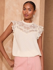 Love & Roses White Ecru Crew Neck Mesh Insert Bobby Sleeveless Blouse - Image 1 of 4