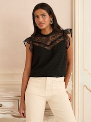 Love & Roses Black Crew Neck Mesh Insert Bobby Sleeveless Blouse - Image 1 of 4