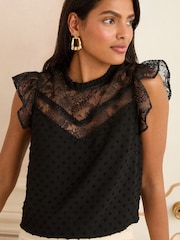 Love & Roses Black Crew Neck Mesh Insert Bobby Sleeveless Blouse - Image 2 of 4