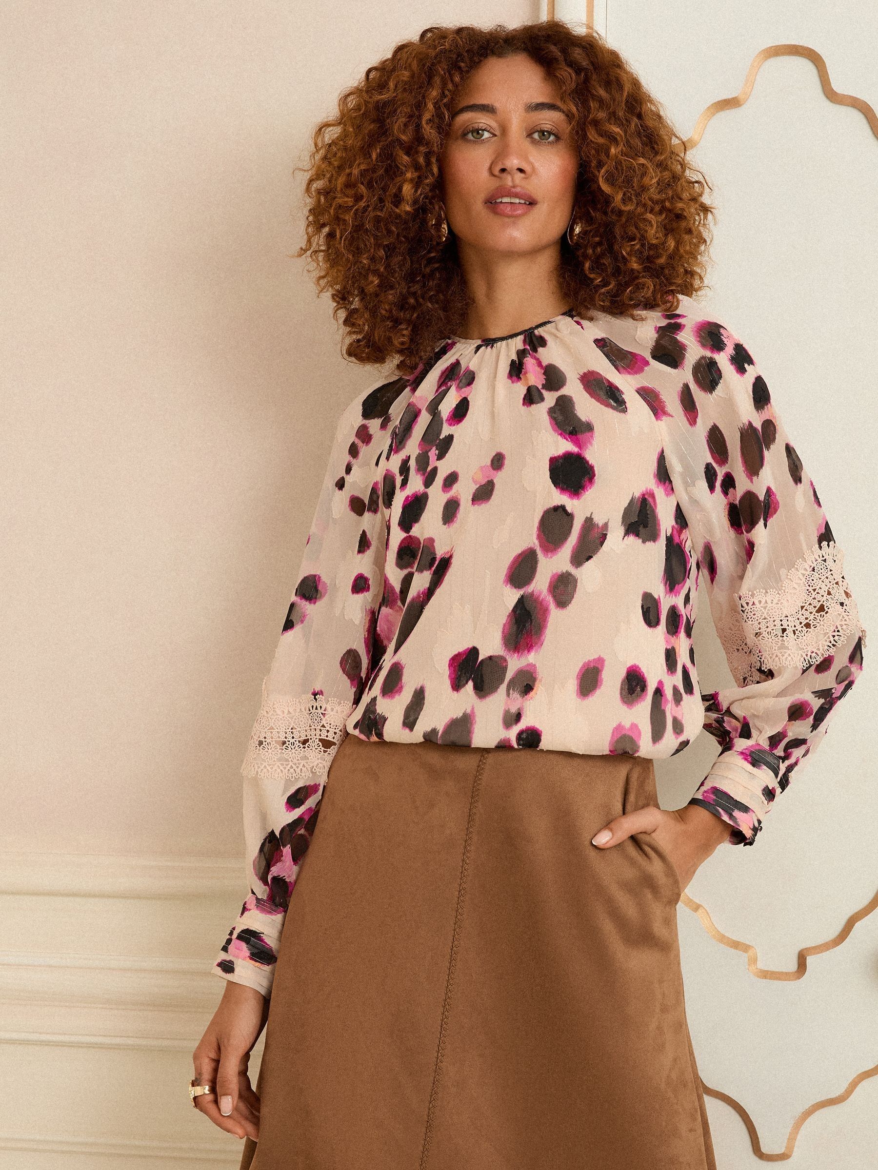 Love & Roses White Ecru Animal Crew Neck Long Sleeve Blouse