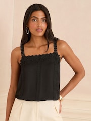 Love & Roses Black Square Neck Satin Lace Camisole - Image 1 of 4