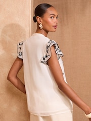Blanco crudo - Love & Roses Print Short Sleeve Ruffle Blouse - Imagen 4 de 4